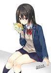  bangs black_hair blazer dated eating food food_on_face hair_between_eyes hamburger jacket jpeg_artifacts kneehighs long_hair long_sleeves navy_blue_legwear open_blazer open_clothes open_jacket original red_eyes school_uniform sitting skirt solo sweater twitter_username unasaka_ryou 