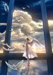  artist_name barefoot bird blonde_hair cloud dress flower from_side highres holding holding_flower looking_at_viewer original reflection short_hair sleeveless sleeveless_dress solo standing takashi_mare white_dress white_wings wings 