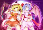  adapted_costume asymmetrical_wings bat_wings blonde_hair dress flandre_scarlet hat highres holding_hands interlocked_fingers lavender_hair light_particles long_hair looking_at_another looking_at_viewer mob_cap multiple_girls navel_cutout red_dress red_eyes remilia_scarlet short_hair side_ponytail sturm_(arowana_kingyo) touhou wings wrist_cuffs 