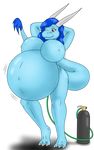  anthro belly_expansion belly_inflation big_breasts blue_hair breasts brown_eyes day-tripper-guy dragon female hair inflation larissa scalie 