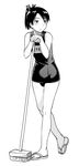  bare_legs bare_shoulders blush broom full_body greyscale kantai_collection looking_away monochrome name_tag nathaniel_pennel one-piece_swimsuit ponytail sandals school_swimsuit shikinami_(kantai_collection) short_hair simple_background solo swimsuit white_background 