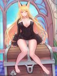  animal_ears bad_id bad_pixiv_id blonde_hair breasts chestnut_mouth cleavage dress dungeon_and_fighter highres large_breasts long_hair looking_at_viewer open_mouth orange_eyes short_dress sitting solo tasselcat very_long_hair 