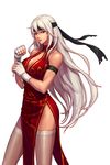  1girl breasts china_dress chinese_clothes cleavage cleavage_cutout dress dungeon_and_fighter fingerless_gloves gloves headband japanese_clothes long_hair npc purple_eyes side_slit silver_hair sizki solo thighhighs white_hair white_legwear 