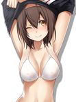  armpits arms_up bikini_top breasts brown_eyes brown_hair covered_nipples hairband kantai_collection kuromayu large_breasts navel one_eye_closed orange_hairband shiratsuyu_(kantai_collection) short_hair smile solo swimsuit 