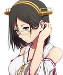  black_hair blue_eyes breasts cleavage collarbone glasses green-framed_eyewear hair_tucking hairband headgear highres kantai_collection kirishima_(kantai_collection) large_breasts nontraditional_miko sblack short_hair simple_background solo upper_body white_background 