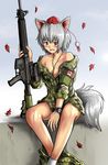  animal_ears assault_rifle autumn_leaves bare_shoulders blush bottomless camouflage canadian_flag collarbone colt_canada_c7_rifle emblem falling_leaves gun hat inubashiri_momiji leaf long_sleeves looking_at_viewer open_mouth red_eyes rifle short_hair silver_hair sitting solo specterz tail tokin_hat touhou watch wavy_mouth weapon wolf_ears wolf_tail 