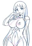  blue_eyes bodysuit breasts collar drooling eyelashes finger_to_mouth large_breasts linked_piercing long_hair me!me!me! meme_(me!me!me!) nipple_piercing nipples nude pas_(paxiti) piercing sketch smile solo very_long_hair 