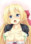  blonde_hair blue_eyes breasts cum cum_in_mouth cum_on_body cum_on_breasts cum_on_tongue cum_on_upper_body facial gekato hair_ribbon half_updo large_breasts long_hair nipples open_mouth original pointy_ears ribbon solo tongue upper_body 