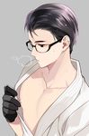  bad_id bad_pixiv_id black_gloves black_hair glasses gloves grey_background joseph_oda male_focus nipples open_clothes open_shirt shirt simple_background solo the_evil_within wet wet_hair yasuda_(fareast_blade) 