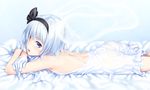  ass back blue_eyes blush cropped crossed_arms dress flat_chest gloves h_kasei hair_ribbon hairband konpaku_youmu konpaku_youmu_(ghost) looking_at_viewer lying on_stomach open_mouth ribbon short_hair silver_hair solo touhou white_gloves 