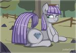  cutie_mark equine female friendship_is_magic fur grey_fur hair half-closed_eyes hooves horse jcoshooves long_hair looking_at_viewer looking_back mammal maud_pie_(mlp) my_little_pony outside pony presenting purple_hair quanno3 smile solo teal_eyes 