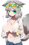  animal_ears blush breasts fantasista_doll green_eyes kono_si large_breasts looking_at_viewer mouth_hold navel no_bra open_clothes open_shirt shirt short_hair silver_hair solo tail tokyo_(great_akuta) toothbrush_in_mouth 