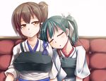  armor brown_eyes brown_hair green_hair hair_ribbon head_on_another's_shoulder head_on_shoulder head_tilt japanese_clothes kaga_(kantai_collection) kantai_collection kirimori_toya leaning_on_person multiple_girls muneate open_mouth ribbon side-by-side side_ponytail sleeping sleeping_on_person sleeping_upright twintails upper_body zuikaku_(kantai_collection) 