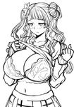  asymmetrical_hair blush bra breasts cleavage clothes_lift cowboy_shot earrings galko greyscale huge_breasts jewelry long_hair monochrome navel one_side_up oshiete!_galko-chan pas_(paxiti) pleated_skirt school_uniform scrunchie side_bun sketch skirt solo sweater sweater_lift underwear 