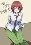  amputee blush double_amputee flat_chest green_eyes happy_birthday katawa_shoujo looking_at_viewer necktie pants pas_(paxiti) red_hair school_uniform shirt short_hair sitting solo tezuka_rin 