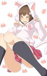  animal_hood brown_hair cat_hood cat_tail closed_eyes fang hair_ornament highres hood hoodie idolmaster idolmaster_cinderella_girls kneehighs maekawa_miku momio panties paw_print skirt solo tail underwear 