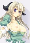  blonde_hair breasts chestnut_mouth dress gekato horns large_breasts long_hair maid_headdress nipples original pointy_ears purple_eyes solo upper_body wristband 