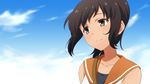  anime_coloring brown_eyes brown_hair cloud commentary_request dark_skin day i-401_(kantai_collection) ikari_manatsu kantai_collection official_style ponytail school_uniform serafuku short_hair sky sleeveless smile solo strap 