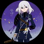  armor double-breasted flower gloves honebami_toushirou japanese_armor l_hakase male_focus military military_uniform necktie purple_eyes shoulder_armor silver_hair sode solo touken_ranbu uniform white_gloves 