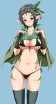  bad_id bad_pixiv_id bikini black_hair blush breasts cape earrings endou_masatoshi fingerless_gloves gloves green_eyes hairband jewelry large_breasts looking_at_viewer magic:_the_gathering navel nissa_revane pointy_ears shiny shiny_skin side-tie_bikini skindentation solo standing swimsuit thighhighs underboob 