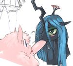  blue_eyes blue_hair blush changeling cute duo equine fan_character female fluffle_puff friendship_is_magic fur green_eyes green_sclera hair horse legwear mammal mizo_ne my_little_pony pink_fur plain_background pony queen_chrysalis_(mlp) skirt stockings teeth tongue tongue_out 