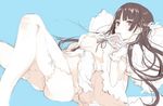  bangs blue_background blue_eyes book breasts brown_hair feathers gloves hair_feathers holding holding_book lace-up_legwear limited_palette long_hair looking_at_viewer medium_breasts original pillow ribbon shunsei_(muratou) sketch solo white_gloves 