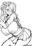  asymmetrical_hair blush breasts breasts_outside full-face_blush galko greyscale huge_breasts kneeling long_hair miniskirt monochrome nipples no_bra one_side_up oshiete!_galko-chan pas_(paxiti) puffy_nipples sagging_breasts scrunchie shirt_lift side_bun sketch skirt solo 
