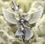  absurdres angel_wings armor armored_dress breasts cat_(battle_cats) cleavage closed_eyes cloud dress full_body grey_dress grey_hair handi helmet highres large_breasts long_hair nyanko_daisensou polearm shoulder_pads sky solo spear thighs valkyrie valkyrie_cat weapon wings 