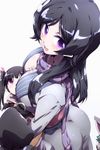  black_hair blush breasts canaan_(fantasista_doll) cleavage emi_(fantasista_doll) fantasista_doll hair_ornament kono_si large_breasts long_hair looking_at_viewer multiple_girls open_mouth purple_eyes scarf solo_focus tokyo_(great_akuta) 