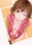  ;p bad_id bad_pixiv_id breasts brown_eyes brown_hair cleavage collarbone from_above hands_in_pockets highres honda_mio hood hooded_track_jacket hoodie idolmaster idolmaster_cinderella_girls jacket loafers medium_breasts naked_hoodie navel one_eye_closed perspective pussy shoes short_hair socks solo tongue tongue_out track_jacket yummy_yoi 