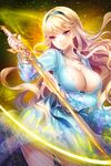  blonde_hair breasts cleavage dress hairband hobak jewelry large_breasts linia_pacifica long_hair lowres necklace official_art purple_eyes solo sword sword_girls wavy_hair weapon 