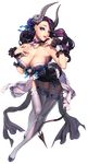  alternate_costume arched_back bare_shoulders bent_over blue_eyes breasts chaos_online choker cleavage collarbone demon_girl demon_horns demon_tail earrings eyeshadow finger_to_mouth fishnet_legwear fishnets flower full_body garter_straps garters hair_flower hair_ornament hair_ribbon highres horns jewelry large_breasts lips long_hair love_cacao lucifer_(chaos_online) makeup official_art parted_lips purple_hair ribbon shoes smile solo tail thighhighs transparent_background 