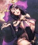  alternate_costume bare_shoulders boots breasts bridal_gauntlets card_(medium) chaos_online demon_wings full_moon head_tilt large_breasts long_hair looking_at_viewer love_cacao moon nivas official_art parted_lips purple_eyes purple_hair simple_background skull solo thigh_boots thighhighs very_long_hair wings 