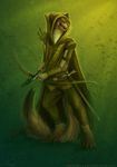  2015 anthro arrow belt black_fur bow_(weapon) brown_fur cape claws cloak clothing fur hunter long_tail looking_up male mammal mustelid naira pants pose quiver ranged_weapon solo standing sword tunic weapon weasel white_fur yellow_eyes 