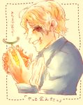  1boy blonde_hair devil_fruit eating food gloves male male_focus one_piece profile sabo_(one_piece) scar smile solo 