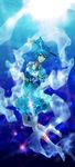  absurdres barefoot blue_eyes blue_hair cropped_jacket dress flower frills full_body hair_ornament hair_stick highres kaku_seiga light_particles light_rays looking_at_viewer open_mouth shawl short_hair smile solo touhou transparent umami_(sakeikura) 