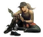  bare_shoulders baseball_cap breasts clothes_around_waist cyborg dog_tags grey_hair hat kokecit lips long_hair mechanical_leg medium_breasts nose original ponytail prosthesis prosthetic_leg realistic screwdriver shoes simple_background single_shoe sitting sneakers solo sweater_around_waist tank_top watch white_background wristwatch 