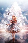  alice_margatroid arm_up banned_artist bird blonde_hair bloomers blue_eyes blue_sky book capelet cloud cloudy_sky cover cover_page day doujin_cover dress frilled_dress frills grimoire grimoire_of_alice hand_to_head highres holding holding_book kozou_(soumuden) looking_up no_socks red_footwear reflection revision ribbon ripples shoes short_hair sky sleeveless sleeveless_dress solo standing standing_on_liquid touhou underwear 