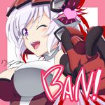  :d artist_name bang border breasts cleavage commentary_request finger_gun gloves h-new heart large_breasts looking_at_viewer one_eye_closed open_mouth outside_border pink_border purple_eyes senki_zesshou_symphogear silver_hair smile solo yukine_chris 