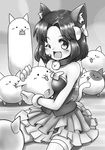  :3 animal_ears axe_cat bare_shoulders bow breast_press cat_(battle_cats) cat_ears cat_tail collar gloves greyscale hair_bow headset highres idol microphone moneko_(battle_cats) monochrome nyanko_daisensou one_eye_closed open_mouth scar scar_across_eye sitting skirt smile strapless tail tank_cat thighhighs wariza yaosera 