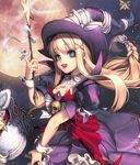 alternate_costume aqua_eyes blonde_hair boots broken_(chaos_online) broom broom_riding card_(medium) chaos_online full_moon hat hobby_horse long_hair love_cacao moon night night_sky official_art pinky_out skull sky smile solo star_(sky) wand witch witch_hat 