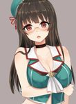  bangs bare_shoulders beret black_hair blunt_bangs breast_hold breasts choker choukai_(kantai_collection) cleavage glasses hat kantai_collection large_breasts long_hair looking_at_viewer moshoko_(mizuneroku) no_gloves open_mouth red_eyes remodel_(kantai_collection) simple_background solo upper_body 