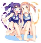  2girls :d :o barefoot blue_eyes blush feet kaki_s long_hair lumiel_(p&amp;d) multiple_girls name_tag one-piece_swimsuit open_mouth orange_eyes orange_hair purple_hair puzzle_&amp;_dragons school_swimsuit sitting smile swimsuit tinnin toes twintails two_side_up 