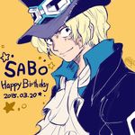  1boy birthday blonde_hair character_name cravat goggles goggles_on_hat hat male male_focus one_piece sabo_(one_piece) scar solo top_hat 