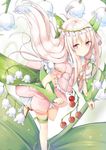  absurdres bangs berries clenched_hand flower head_wreath highres leaf lily_of_the_valley long_hair original personification pink_eyes sandals skirt solo thigh_strap tsuchikure white_hair 