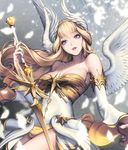  alternate_costume blonde_hair blue_eyes breasts card_(medium) chaos_online cowboy_shot feathered_wings feathers head_wings large_breasts long_hair looking_at_viewer love_cacao official_art parted_lips sheryl_(chaos_online) smile solo sword weapon white_wings wings 