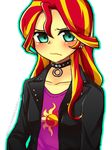  1girl choker flat_chest green_eyes highres jacket leather leather_jacket multicolored_hair my_little_pony my_little_pony_friendship_is_magic personification simple_background sunset_shimmer two-tone_hair 