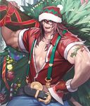  alternate_costume artist_request axe bauble beanie beard belt brown_eyes brown_hair candy candy_cane card_(medium) chaos_online christmas christmas_ornaments christmas_tree cowboy_shot facial_hair fingerless_gloves food gloves hat kunkka_(chaos_online) long_hair looking_at_viewer lumberjack male_focus muscle official_art open_mouth red_gloves red_nose reindeer single_glove solo suspenders tattoo weapon 