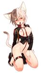  animal_ears anz_(starry) black_hair blush bottomless breasts brown_eyes highres kneeling looking_at_viewer medium_breasts mouth_hold multicolored_hair navel nipples open_clothes open_shirt original pussy shirt solo tail thigh_strap two-tone_hair white_background white_hair 