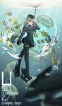  bad_id bad_pixiv_id black_legwear blue_eyes blurry boots character_name depth_of_field fish gloves gnity hat headgear jacket jellyfish kantai_collection long_hair looking_at_viewer ocean silver_hair solo submerged thigh_boots thighhighs tortoise turtle u-511_(kantai_collection) underwater 